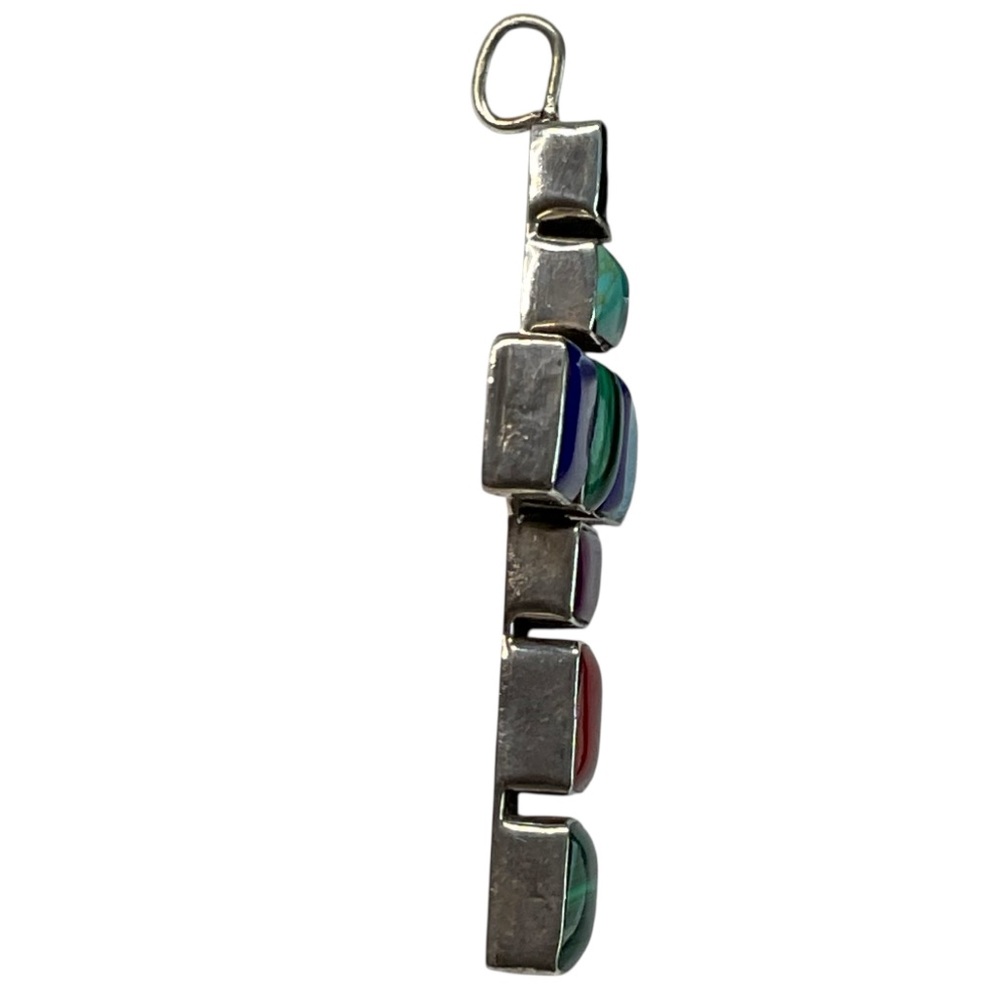 Handcrafted ATL Taxco Mexico Sterling Silver Multi-Gemstone Inlay Cross Pendant - Picture 5 of 10